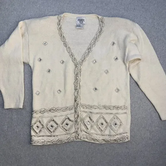 Cervelle Women's Sweater Cream S Ramie Cotton Beaded Embellished Rhinestones - Picture 1 of 11